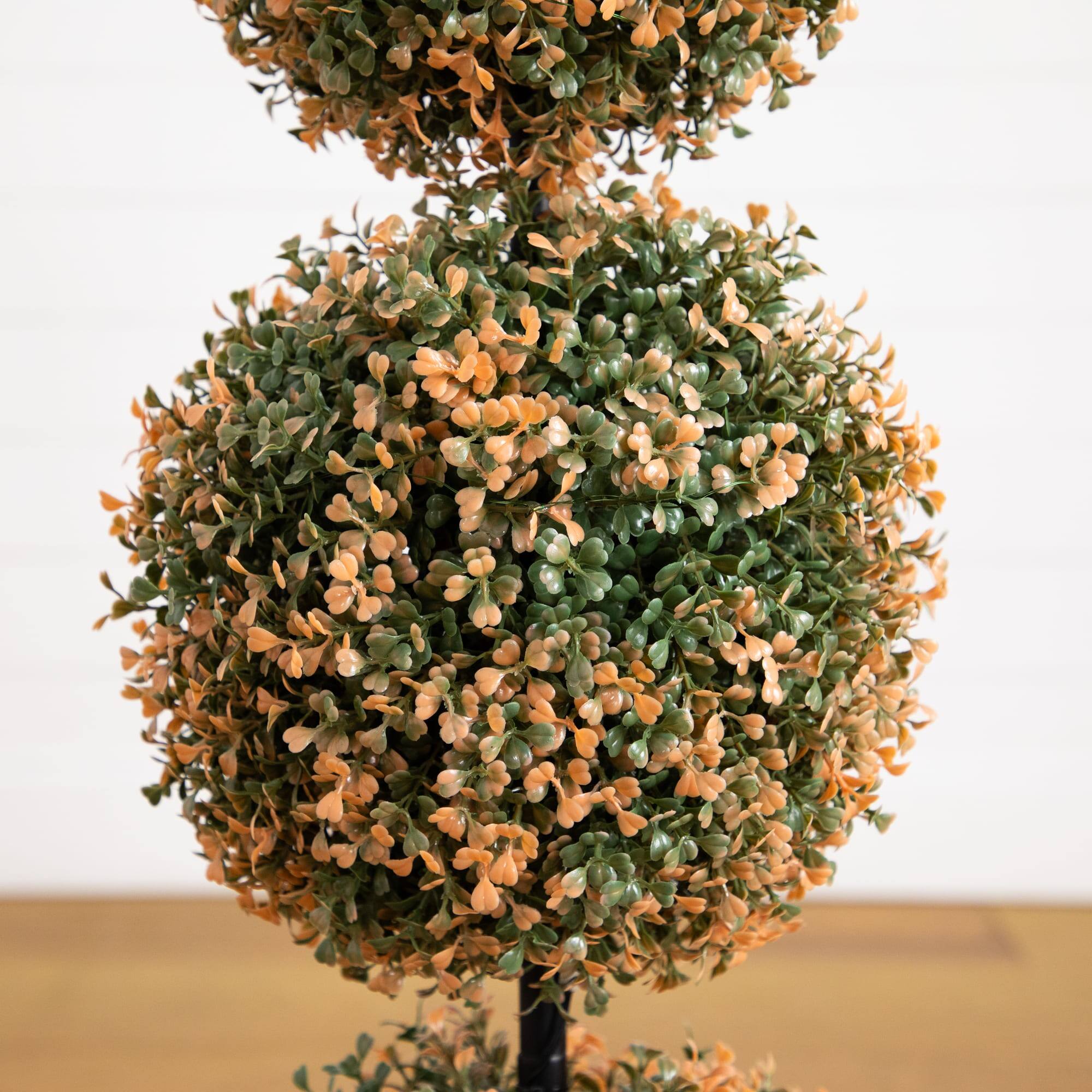 3ft. UV Resistant Autumn Triple Ball Boxwood Artificial Fall Topiary Tree with 30 Warm White LED Lights (Indoor/Outdoor)